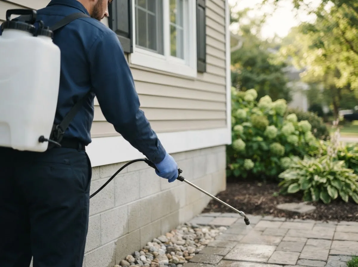 Pest control technician inspecting a home in Pendleton, KY